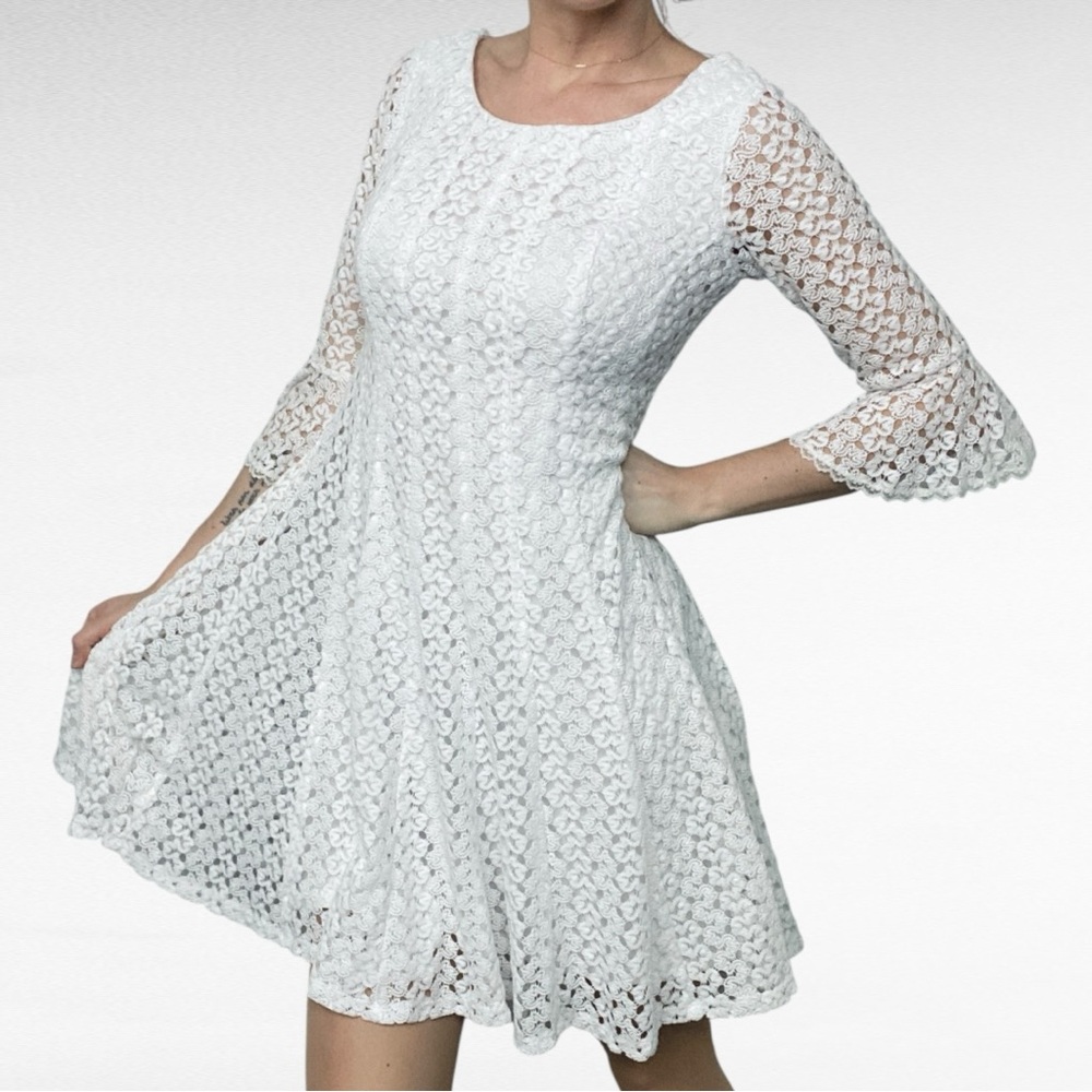 Rabbit Rabbit Rabbit Designs | White Romantic Lace 3/4 Bell Sleeve Flowy Dress
